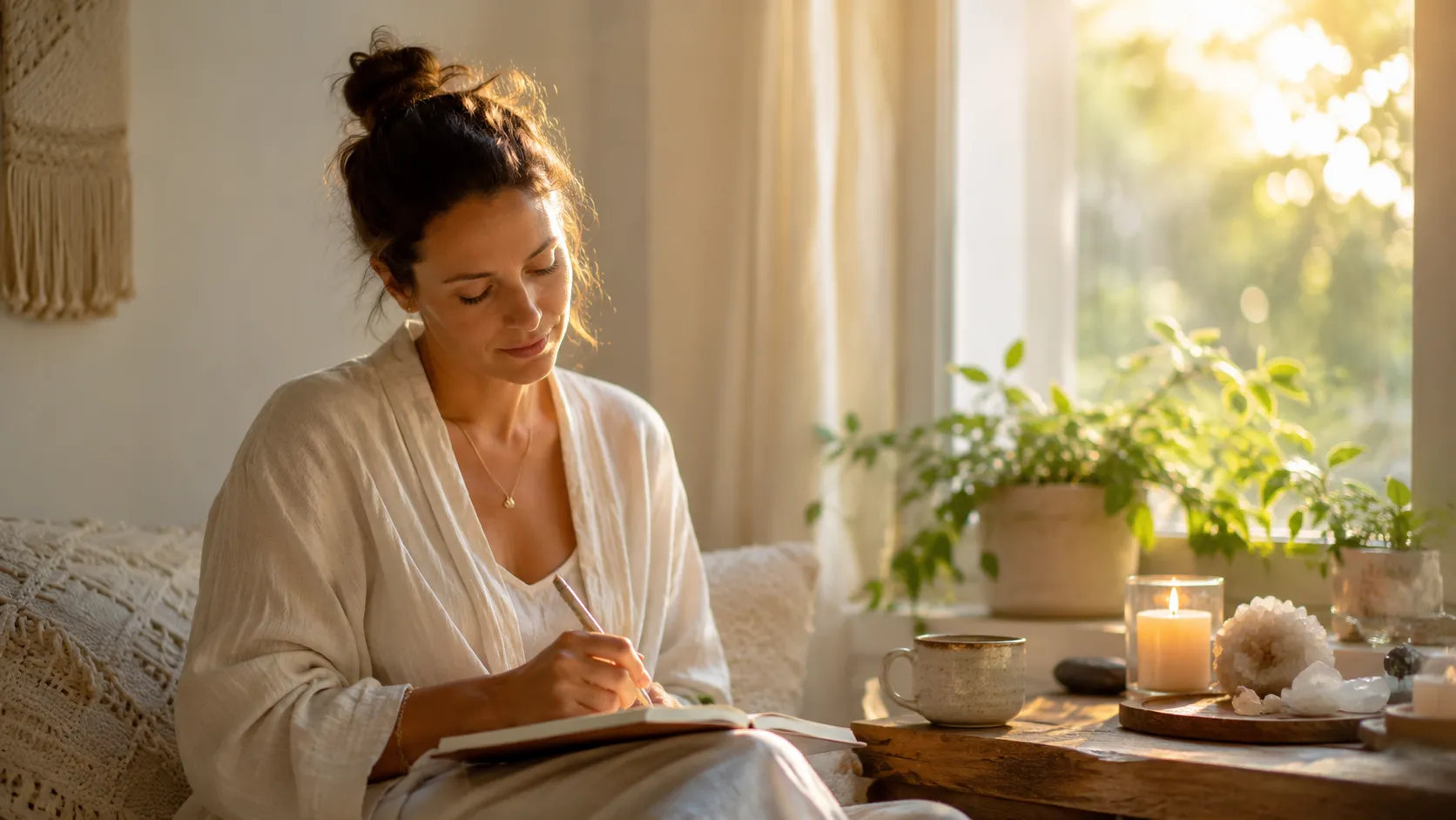 Woman reconnecting with her inner light through energy healing and spiritual reflection