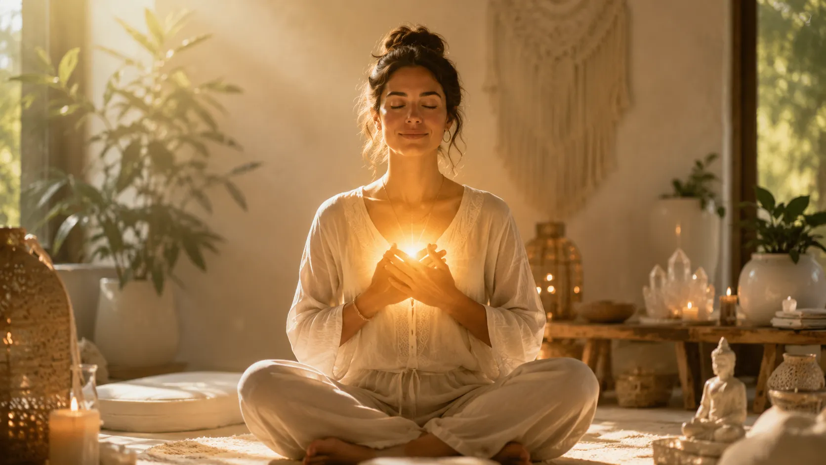 Woman reconnecting with her inner light through energy healing and spiritual reflection
