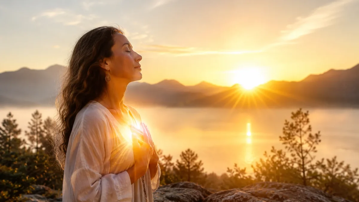 Woman reconnecting with her inner light through energy healing and spiritual reflection