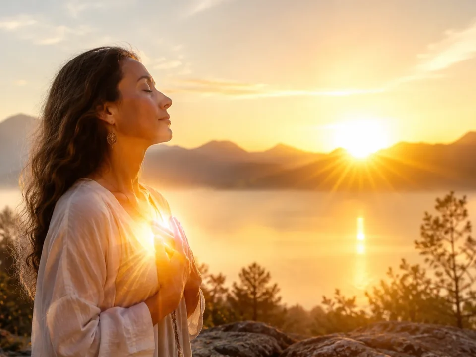 Woman reconnecting with her inner light through energy healing and spiritual reflection