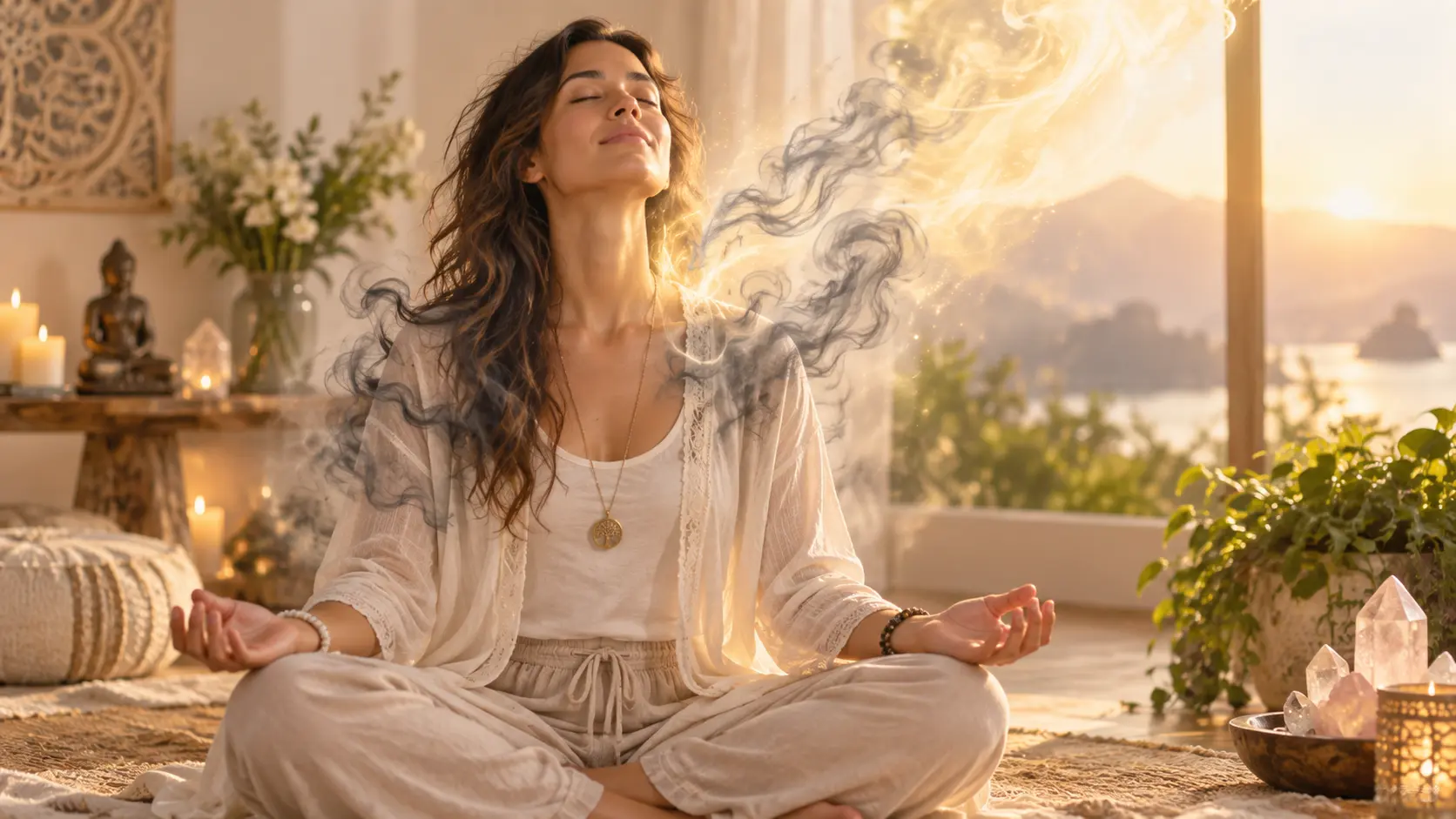 Woman journaling by a sunlit window as soft energy ribbons drift away, representing reflection, emotional release, and letting go.