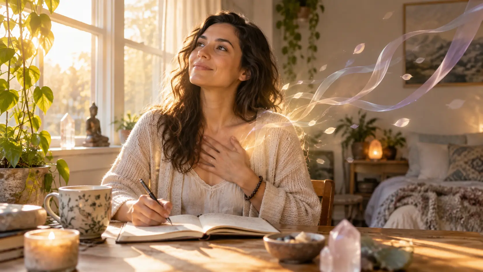 Woman at sunrise releasing dark emotional heaviness into the air, symbolizing renewal, surrender, and freedom from past burdens.