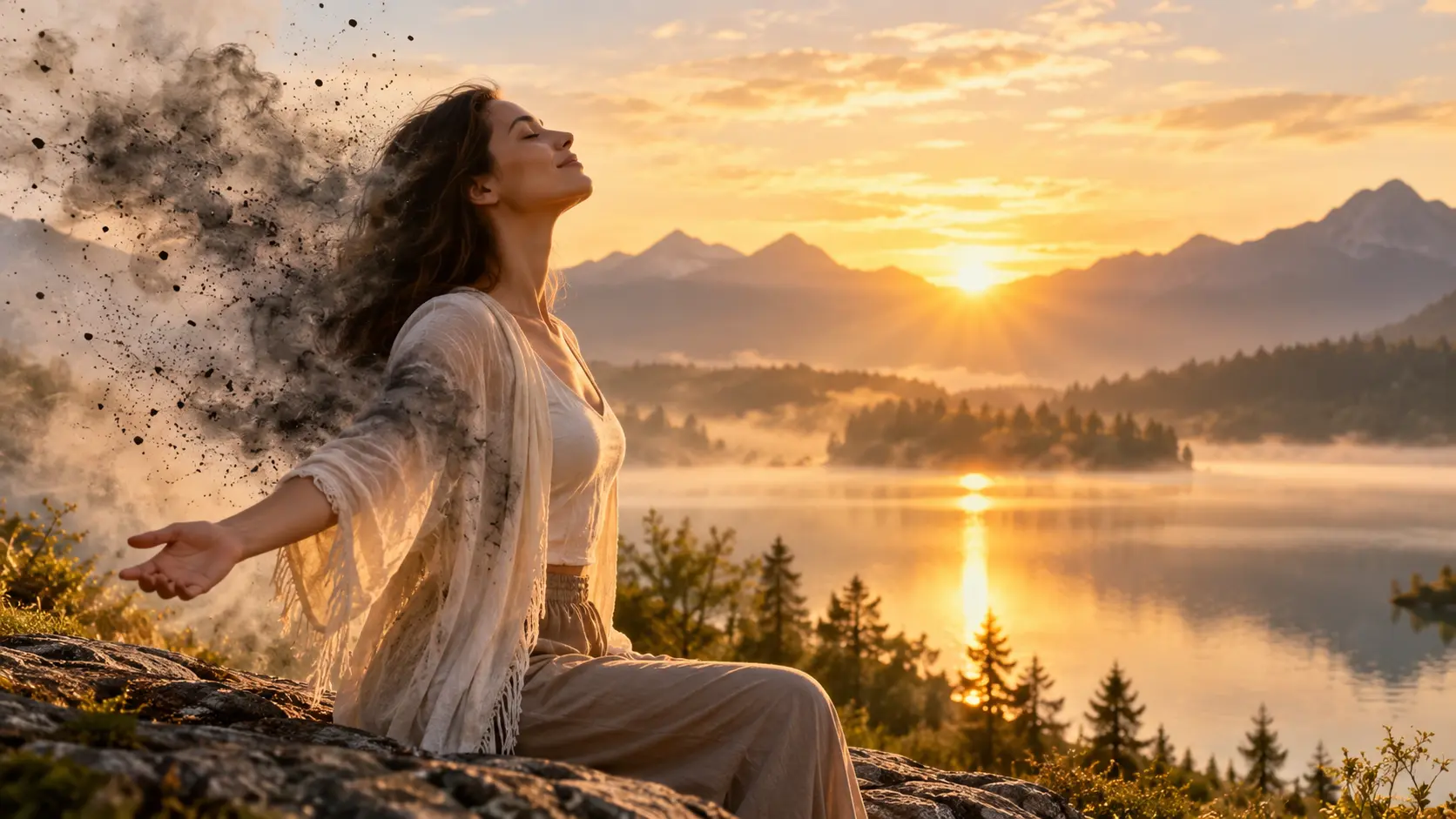 Woman receiving an energy healing session with golden light over the heart and abdomen, representing emotional release, relaxation, and restored balance.