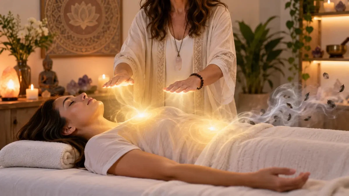 Woman meditating as dark emotional weight dissolves into golden light, symbolizing energy healing for emotional release and inner balance.