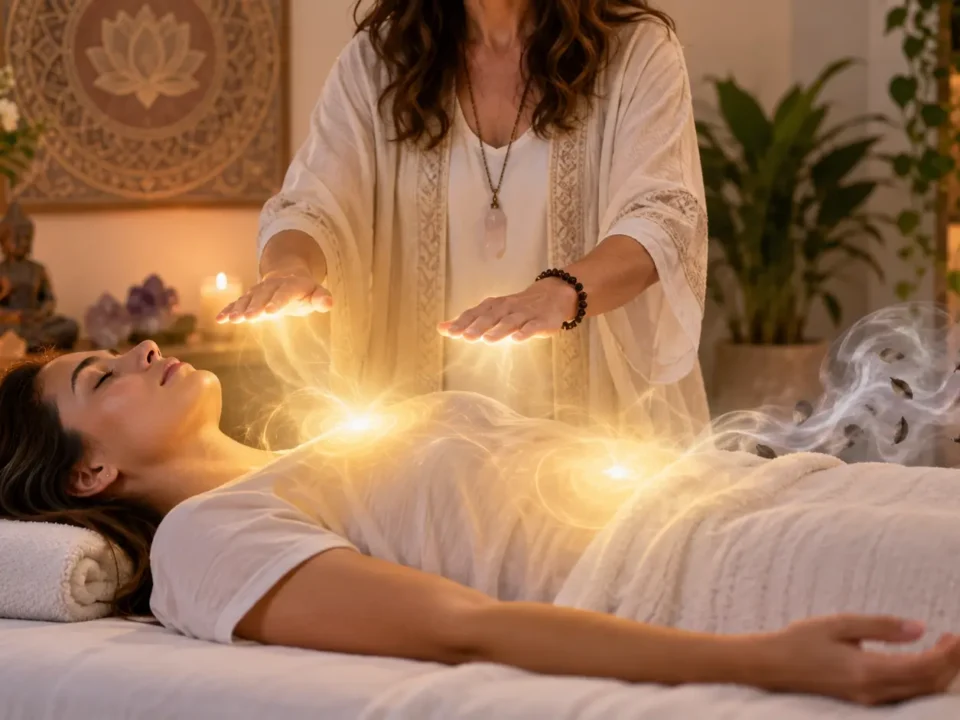 Woman meditating as dark emotional weight dissolves into golden light, symbolizing energy healing for emotional release and inner balance.
