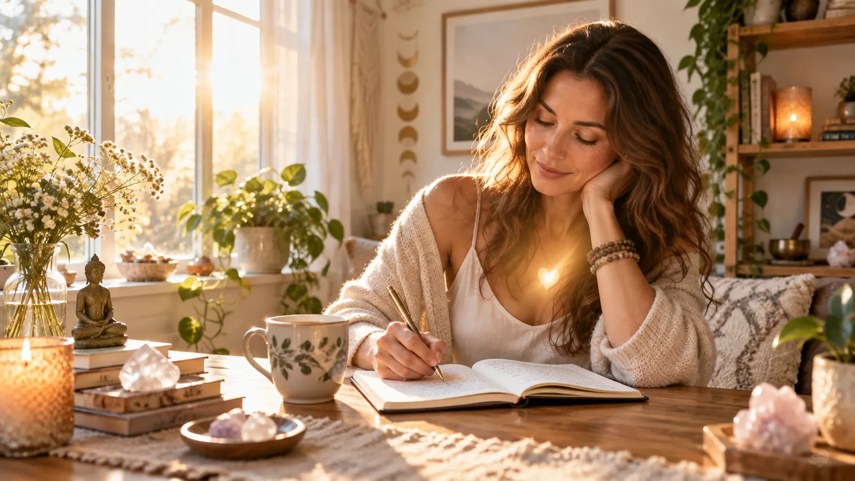 Woman receiving an energy healing session with golden light at the heart center, symbolizing emotional release, self-awareness, and inner peace.