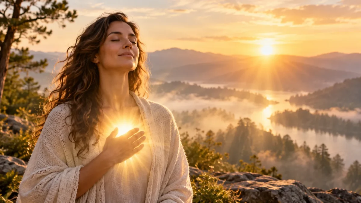 Woman meditating with a warm golden light glowing from her heart, symbolizing energy healing for self-discovery and inner wisdom.