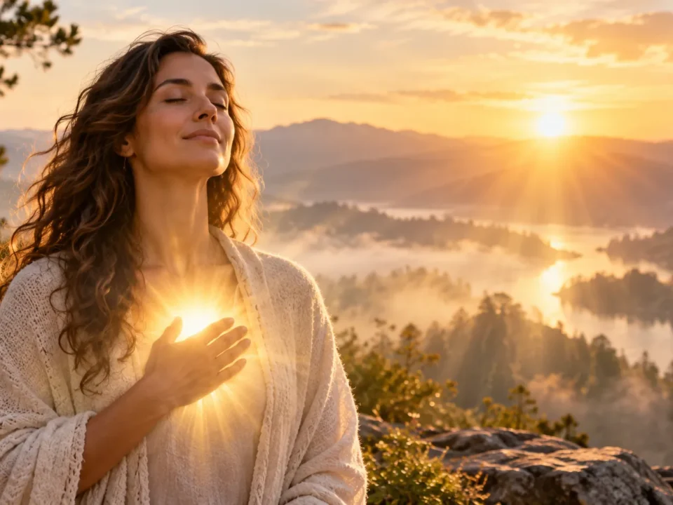 Woman meditating with a warm golden light glowing from her heart, symbolizing energy healing for self-discovery and inner wisdom.