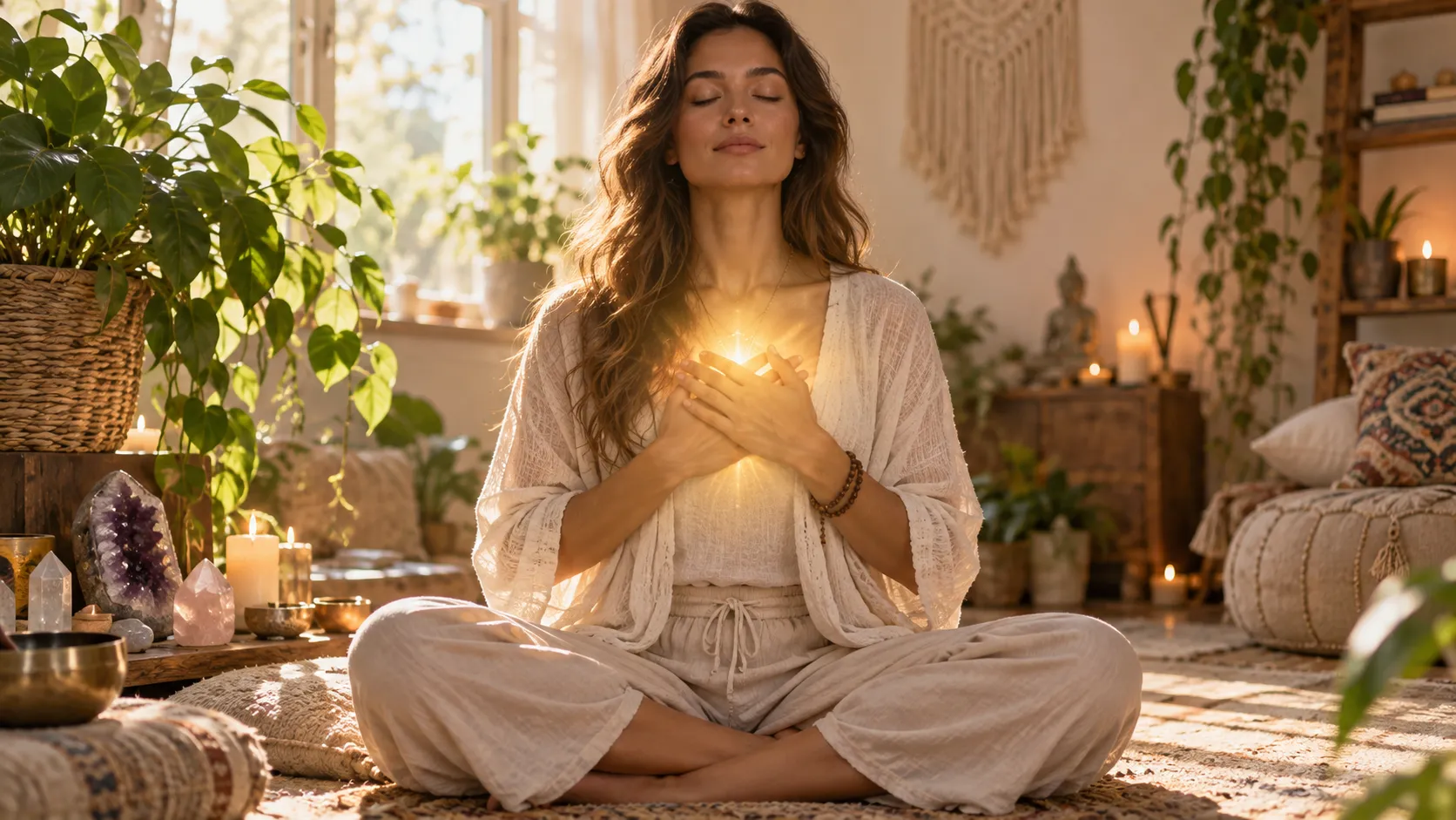 Woman standing at sunrise with a glowing heart center, representing inner strength, spiritual clarity, and reconnecting with the light within.