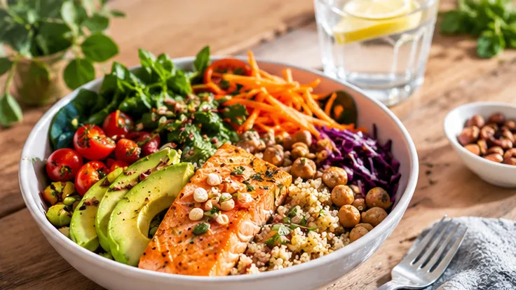 Balanced meal with fresh vegetables, lean protein, and whole grains to support daily energy needs.
