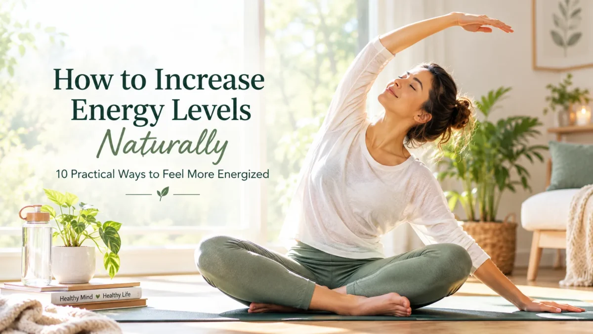 Woman practicing gentle stretching in natural morning light to improve energy levels and support overall well-being.
