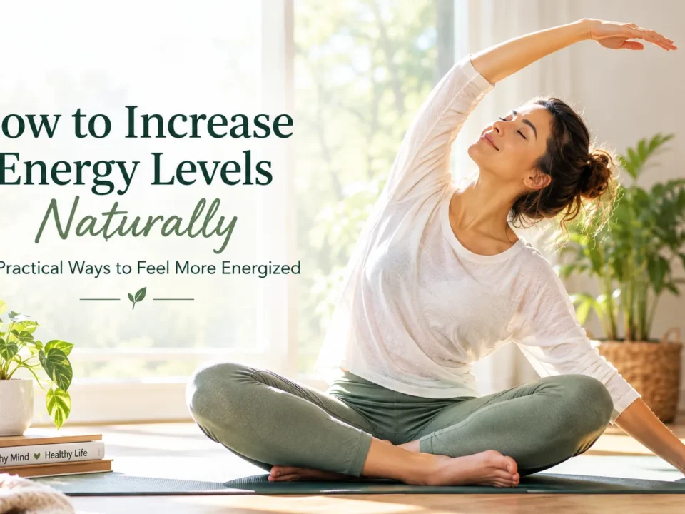 Woman practicing gentle stretching in natural morning light to improve energy levels and support overall well-being.