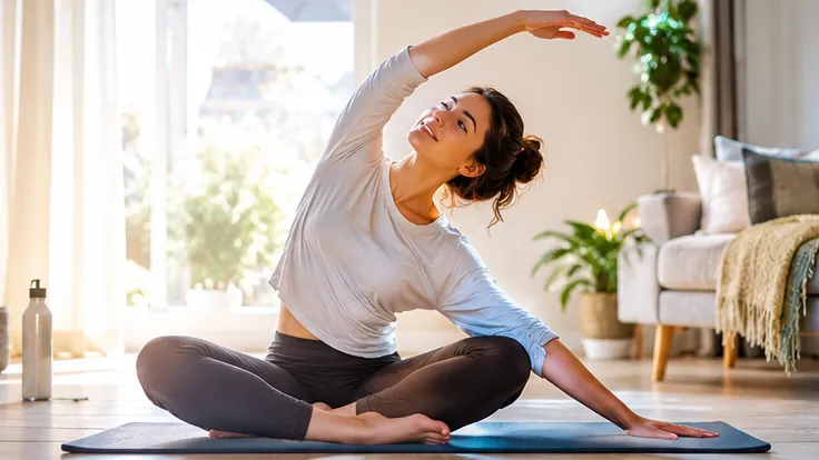 Woman practicing gentle stretching in natural morning light to support energy levels and overall well-being.